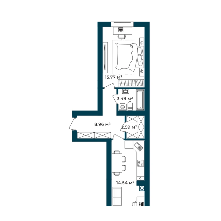 Планування 1-кімнатна квартира 45,35 м² — зображення 2