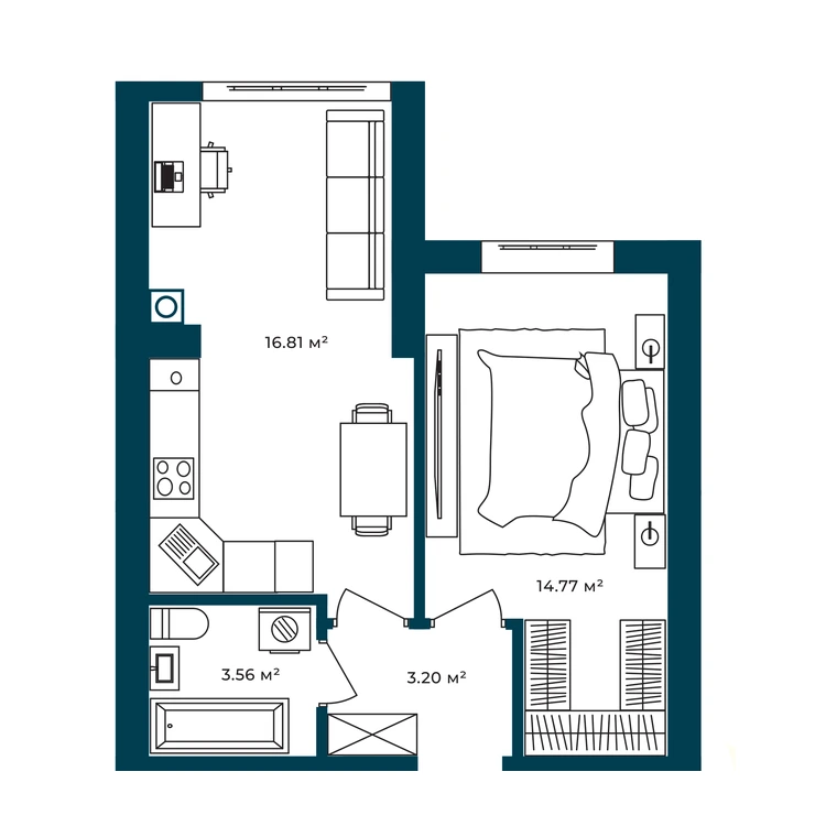 Планування 1-кімнатна квартира 38,34 м²