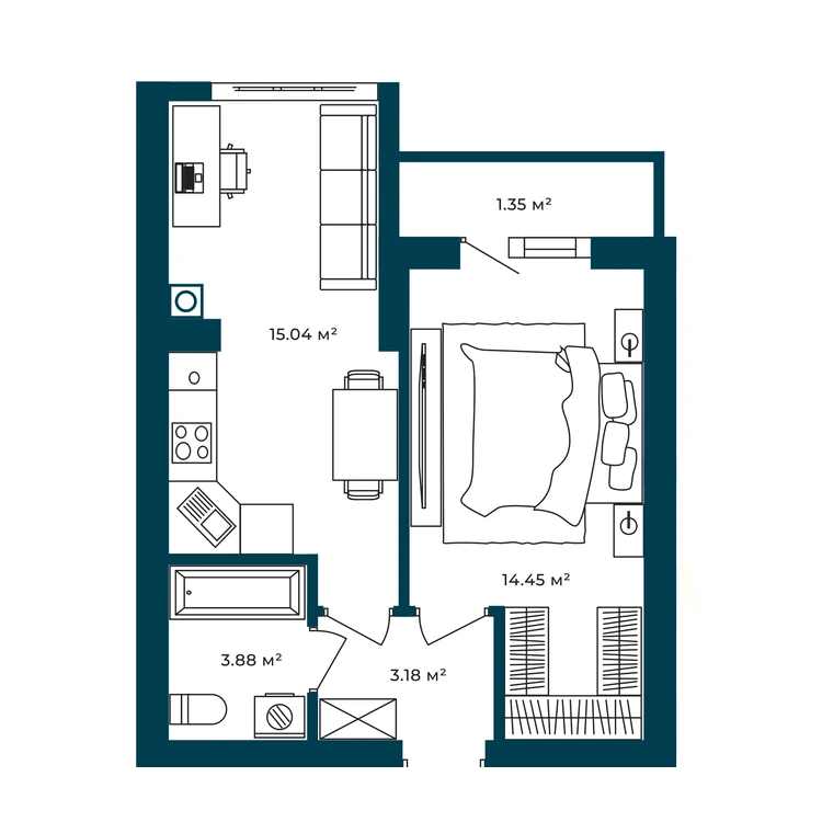 Планування 1-кімнатна квартира 37,90 м² — зображення 2