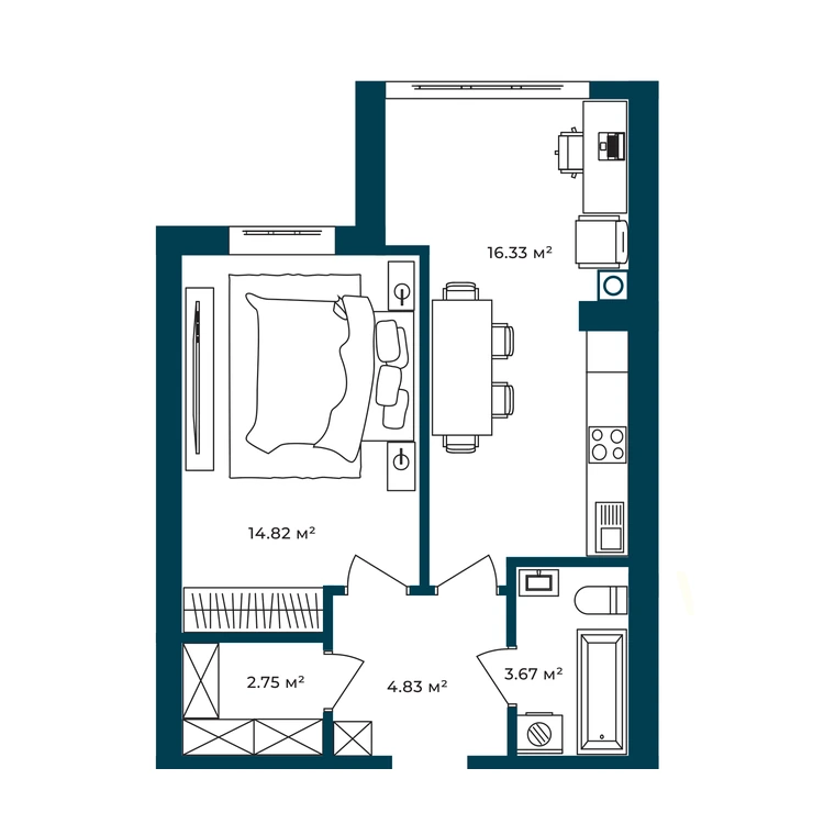 Планування 1-кімнатна квартира 42,40 м²