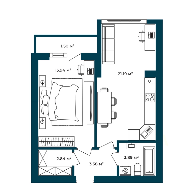 Планування 1-кімнатна квартира 48,94 м² — зображення 2