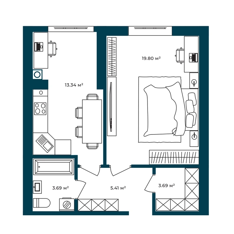 Планування 1-кімнатна квартира 45,41 м² — зображення 2