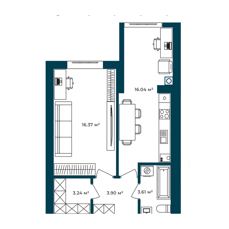 Планування 1-кімнатна квартира 43,16 м² — зображення 2
