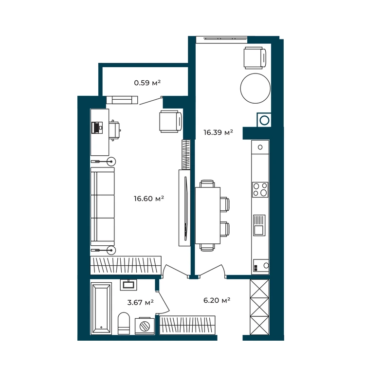 Планування 1-кімнатна квартира 43,45 м² — зображення 2