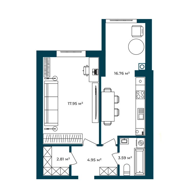 Планування 1-кімнатна квартира 46,06 м² — зображення 2
