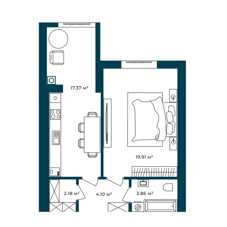 Планування 1-кімнатна квартира 47,42 м² — зображення 2