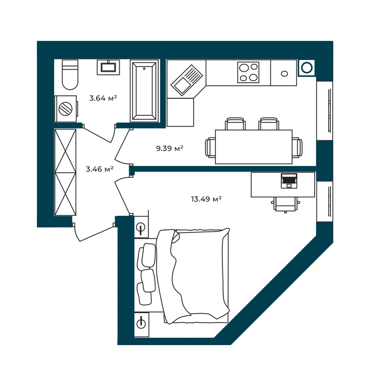 Планування 1-кімнатна квартира 29,98 м²