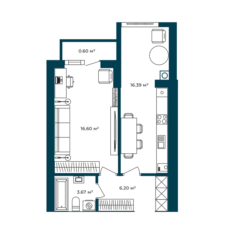 Планування 1-кімнатна квартира 43,46 м² — зображення 2