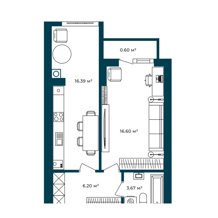 Планування 1-кімнатна квартира 43,46 м² — зображення 2