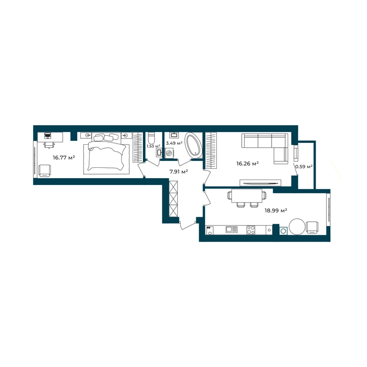 Планування 1-кімнатна квартира 65,54 м²