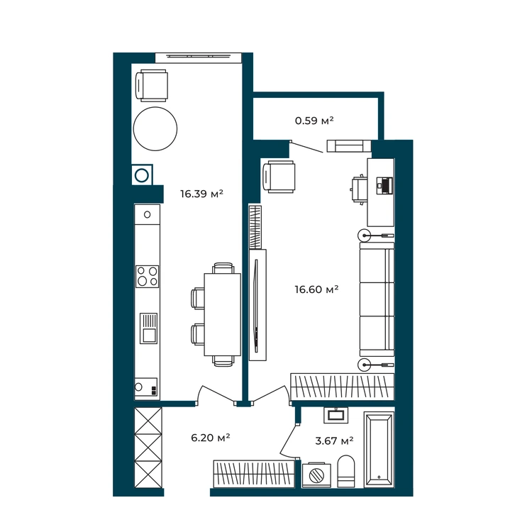 Планування 1-кімнатна квартира 43,45 м² — зображення 2