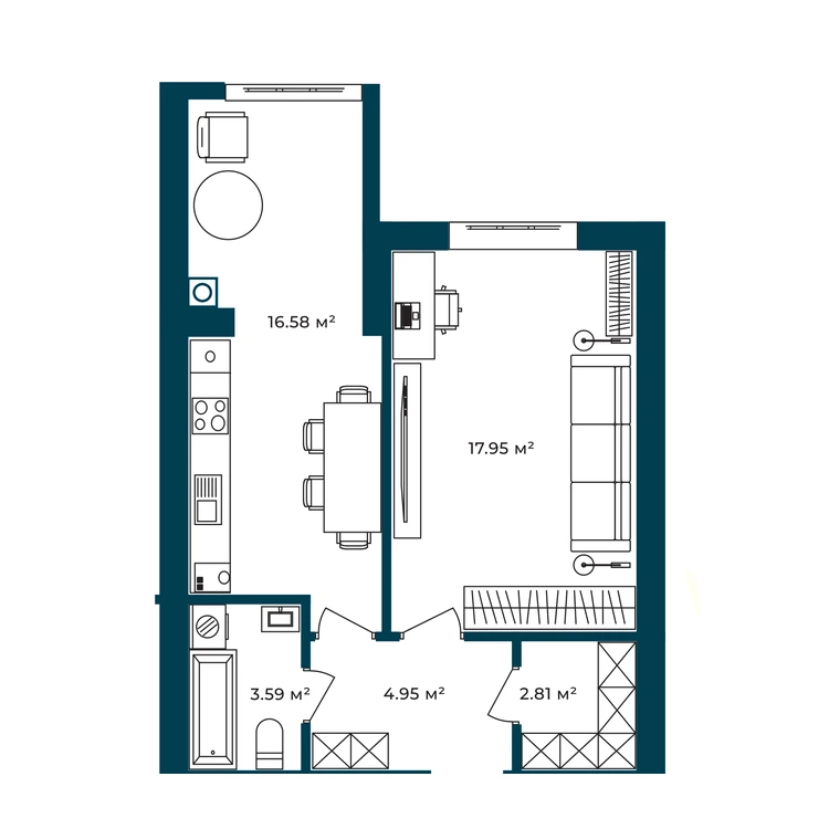 Планування 1-кімнатна квартира 46,06 м²