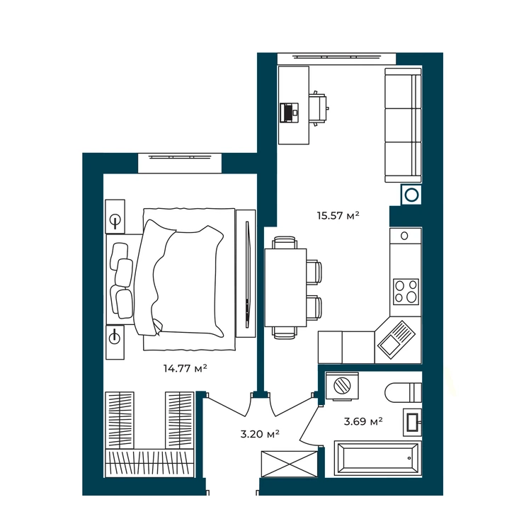 Планування 1-кімнатна квартира 37,23 м²