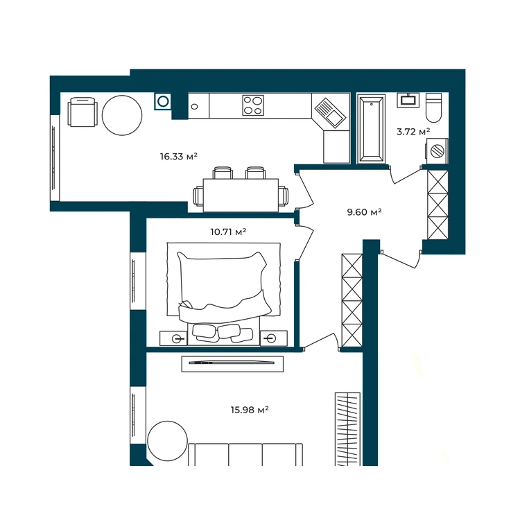 Планування 2-кімнатна квартира 56,34 м²