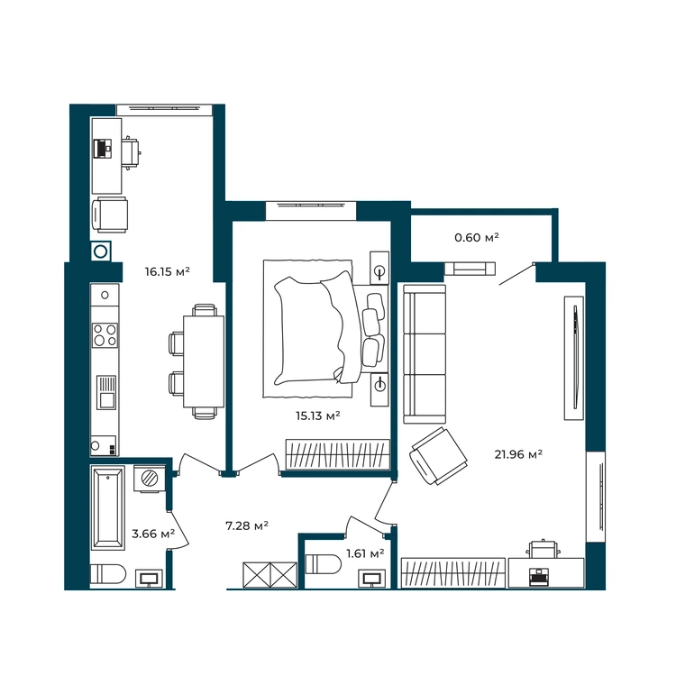 Планування 2-кімнатна квартира 66,39 м²