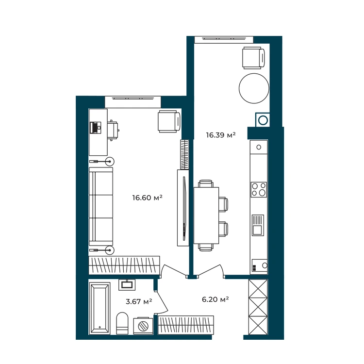 Планування 1-кімнатна квартира 42,86 м²