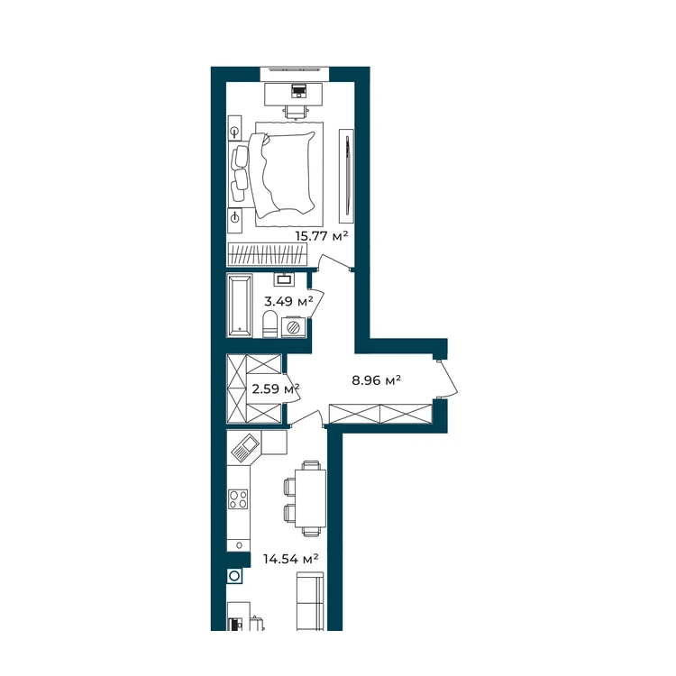 Планування 1-кімнатна квартира 45,35 м² — зображення 2