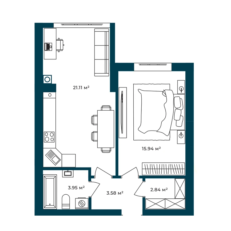 Планування 1-кімнатна квартира 47,42 м²