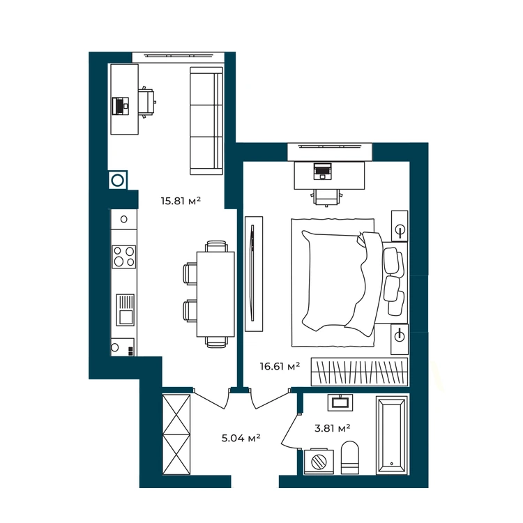 Планування 1-кімнатна квартира 41,27 м²