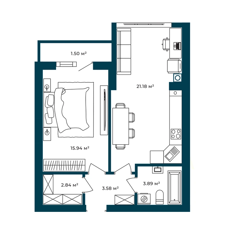 Планування 1-кімнатна квартира 48,93 м² — зображення 2