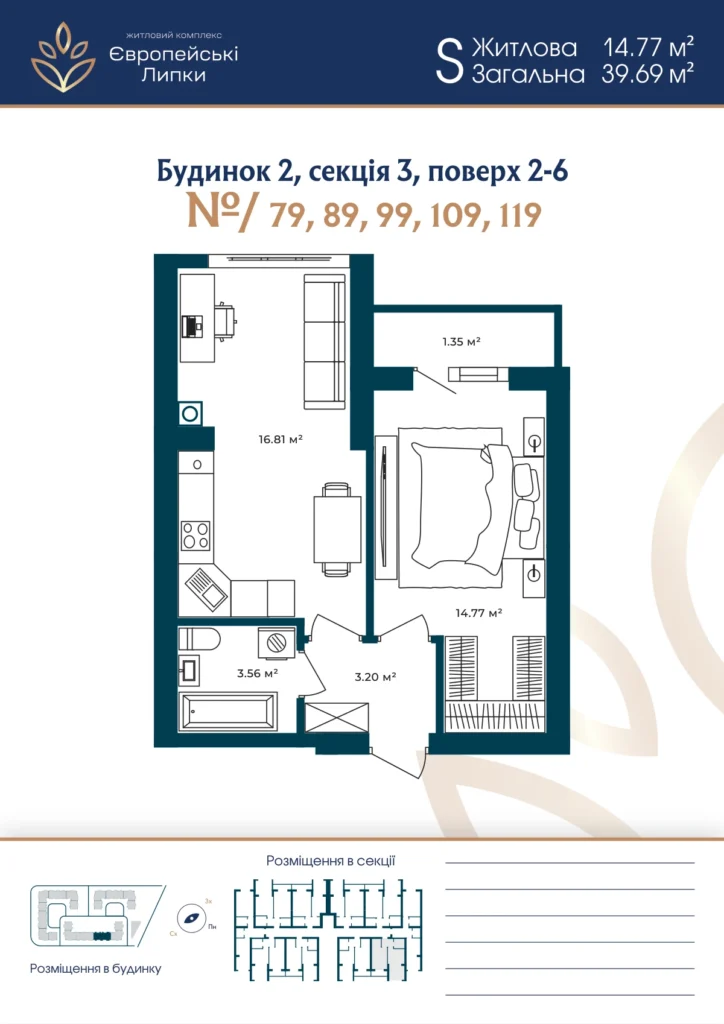 Планування 1-кімнатна квартира 39,69 м² — зображення 1