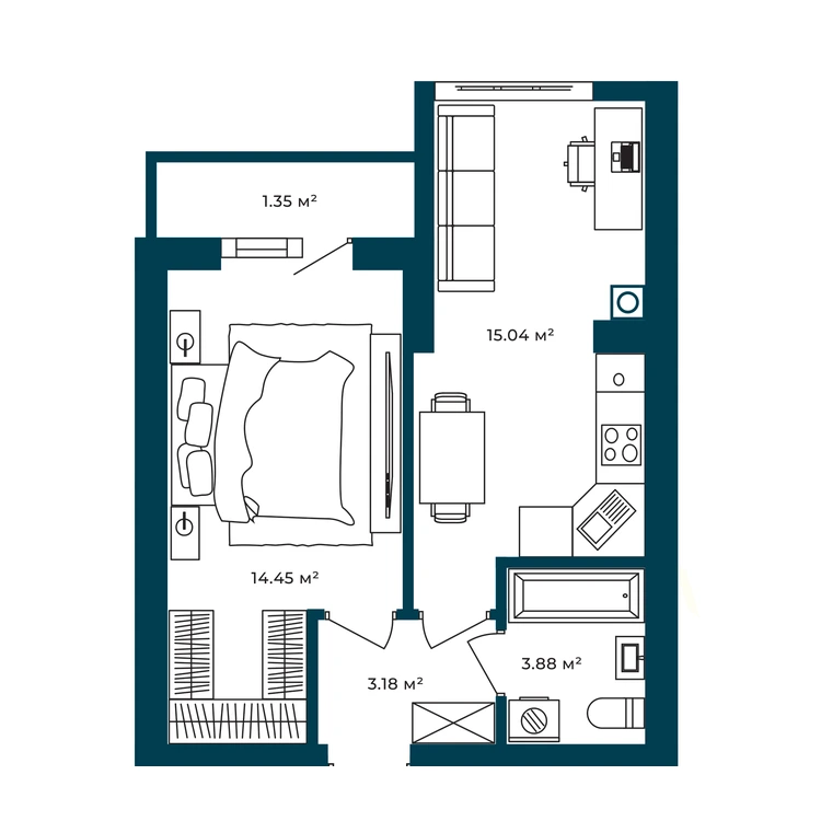 Планування 1-кімнатна квартира 37,90 м²