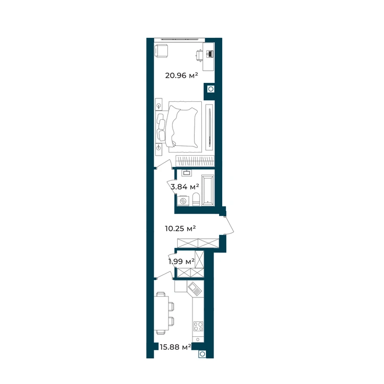 Планування 1-кімнатна квартира 52,92 м² — зображення 2