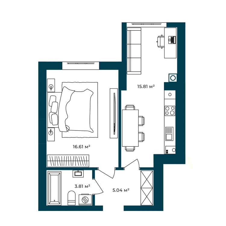 Планування 1-кімнатна квартира 41,27 м² — зображення 2