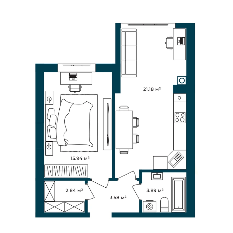 Планування 1-кімнатна квартира 47,43 м² — зображення 2