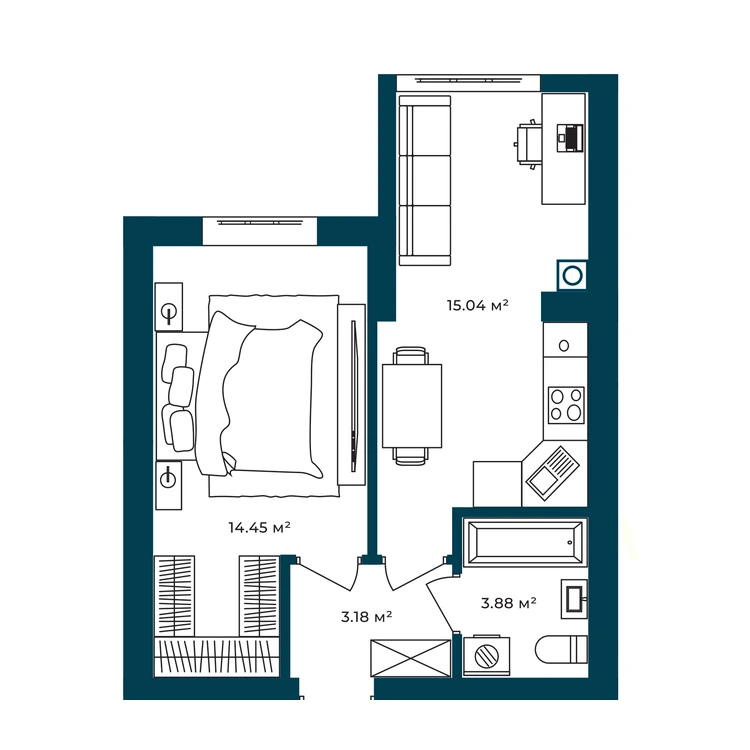 Планування 1-кімнатна квартира 36,55 м²