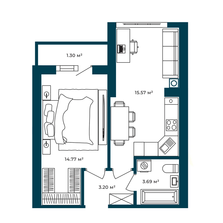 Планування 1-кімнатна квартира 38,53 м²