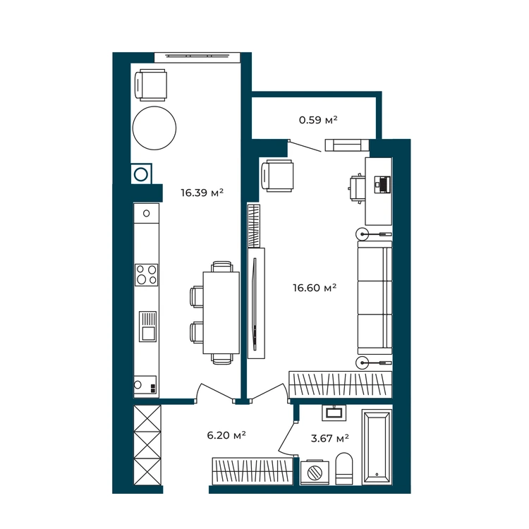 Планування 1-кімнатна квартира 43,45 м² — зображення 2