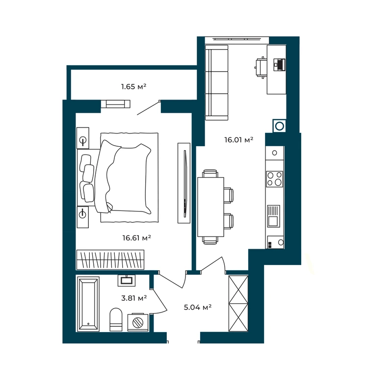 Планування 1-кімнатна квартира 42,92 м²
