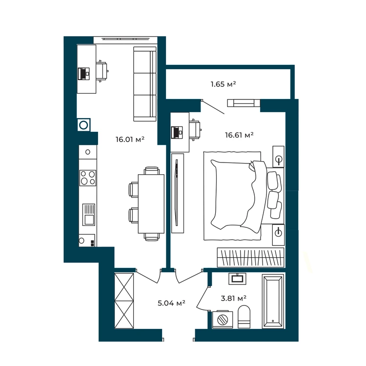Планування 1-кімнатна квартира 42,92 м²
