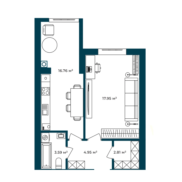Планування 1-кімнатна квартира 46,06 м² — зображення 2