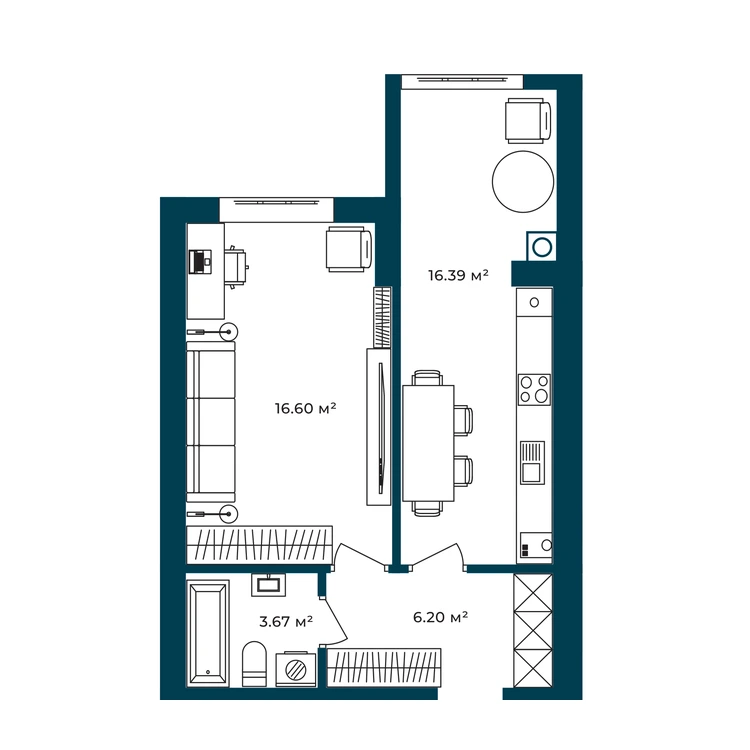 Планування 1-кімнатна квартира 42,86 м² — зображення 2