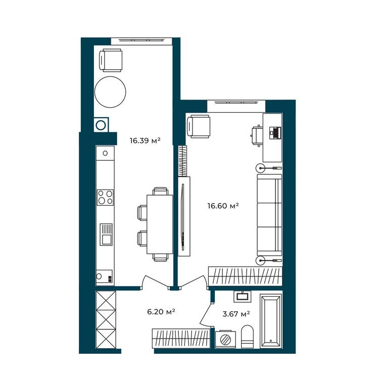 Планування 1-кімнатна квартира 42,86 м²