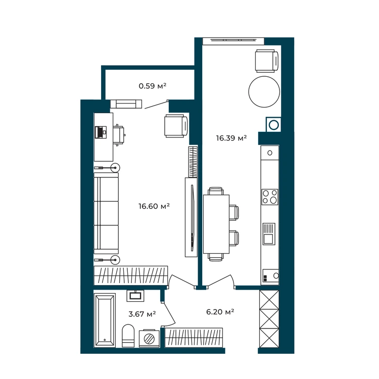 Планування 1-кімнатна квартира 43,45 м² — зображення 2