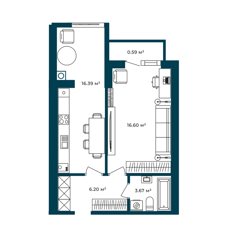 Планування 1-кімнатна квартира 43,45 м² — зображення 2