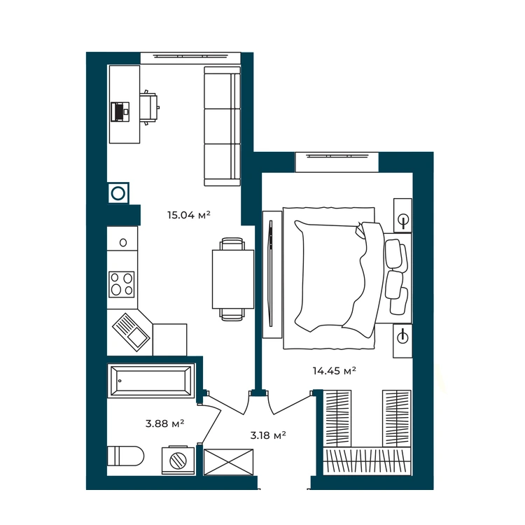 Планування 1-кімнатна квартира 36,55 м²