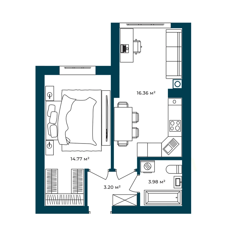 Планування 1-кімнатна квартира 38,31 м²