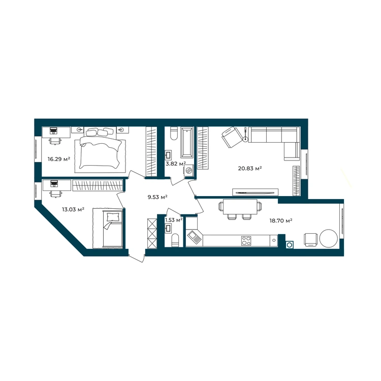 Планування 3-кімнатна квартира 83,71 м²