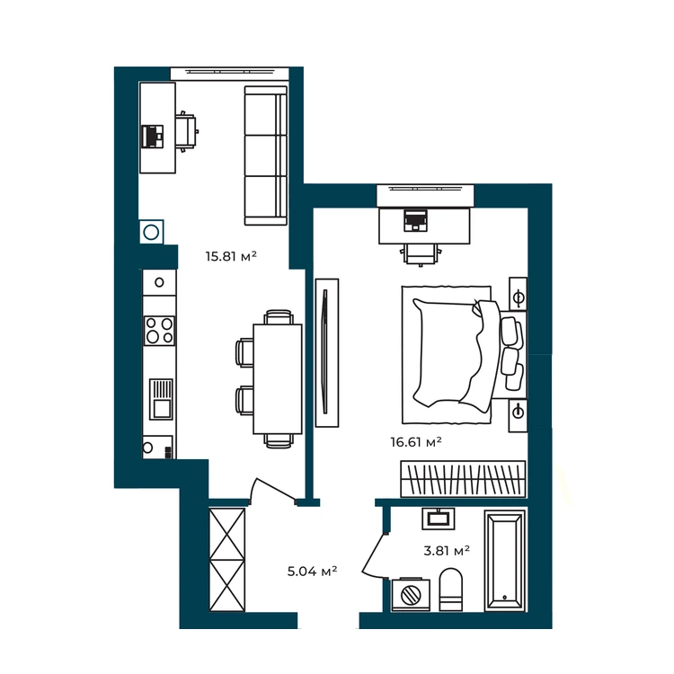 Планування 1-кімнатна квартира 41,27 м² — зображення 2