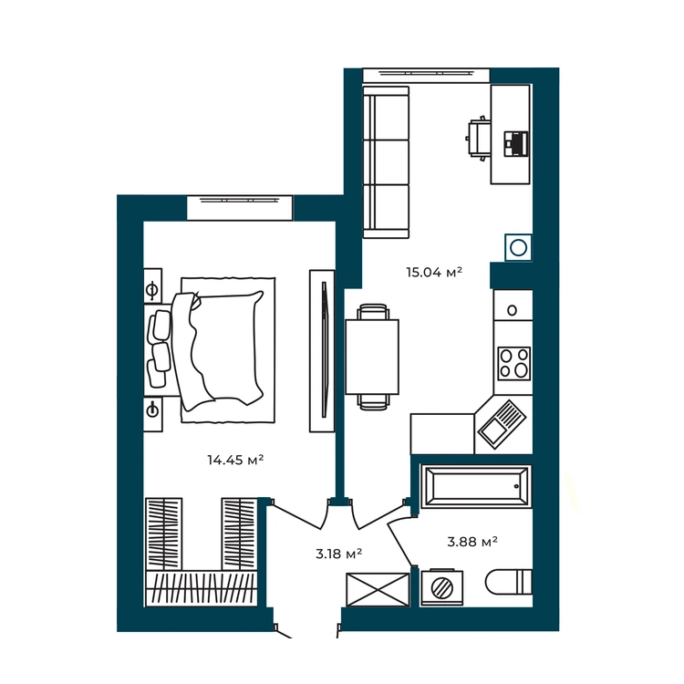 Планування 1-кімнатна квартира 36,55 м²