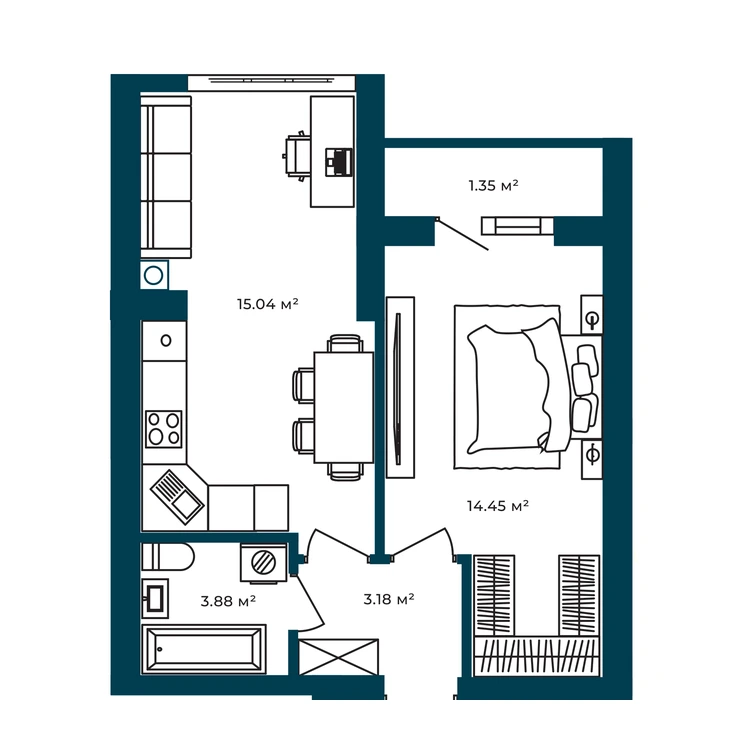 Планування 1-кімнатна квартира 37,90 м² — зображення 2