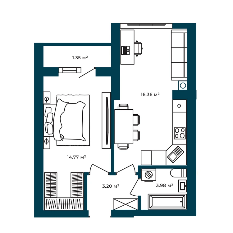 Планування 1-кімнатна квартира 39,66 м²