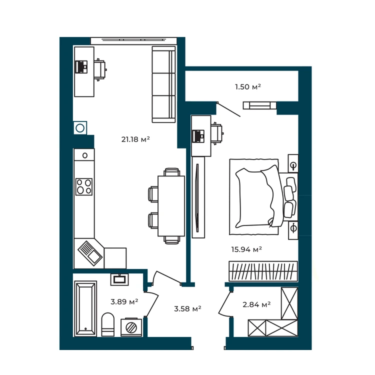 Планування 1-кімнатна квартира 48,98 м²