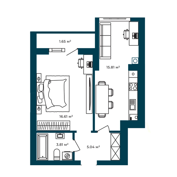Планування 1-кімнатна квартира 42,92 м² — зображення 2