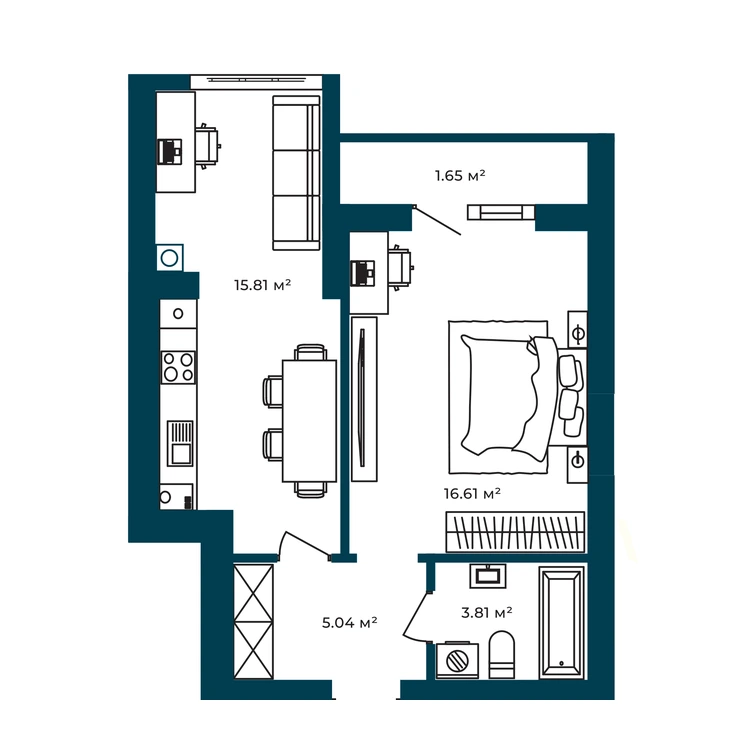 Планування 1-кімнатна квартира 42,92 м² — зображення 2