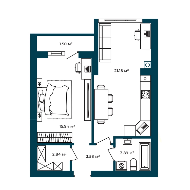 Планування 1-кімнатна квартира 48,98 м² — зображення 2